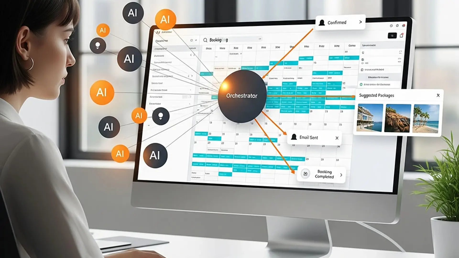 woman on computer with ai orchestrator graphics coming out
