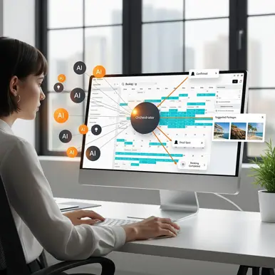 woman on computer with ai orchestrator graphics coming out