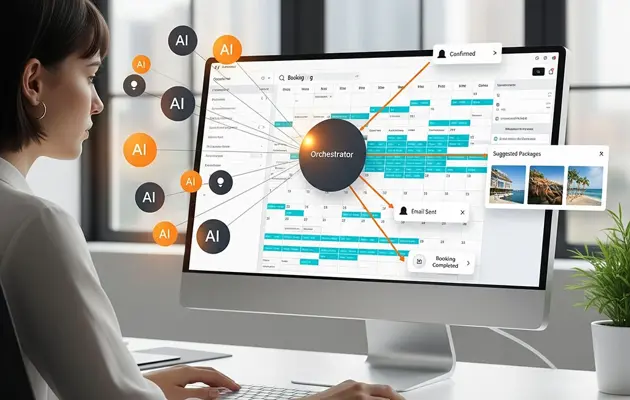 woman on computer with ai orchestrator graphics coming out loading=