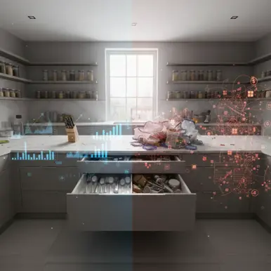 A split-screen visual metaphor comparing a clean, organised modern kitchen with a cluttered, messy one, overlaid with holographic Power BI data charts.