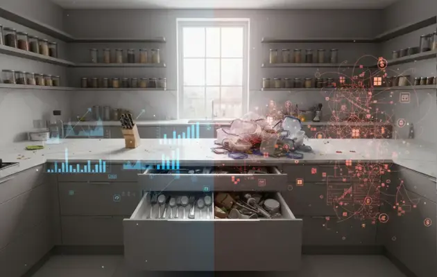 A split-screen visual metaphor comparing a clean, organised modern kitchen with a cluttered, messy one, overlaid with holographic Power BI data charts.
