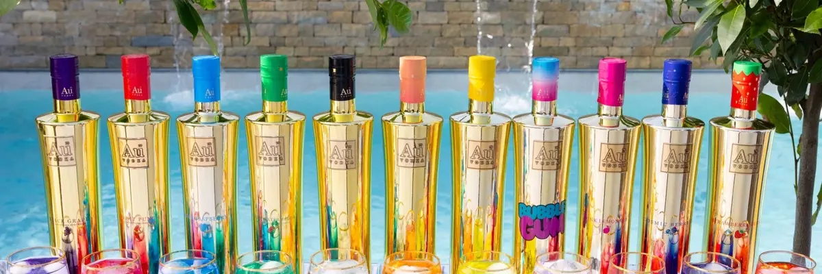 vodka bottles with pool in background