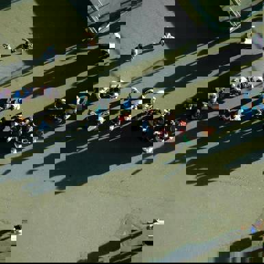 birdseye view of people in queue